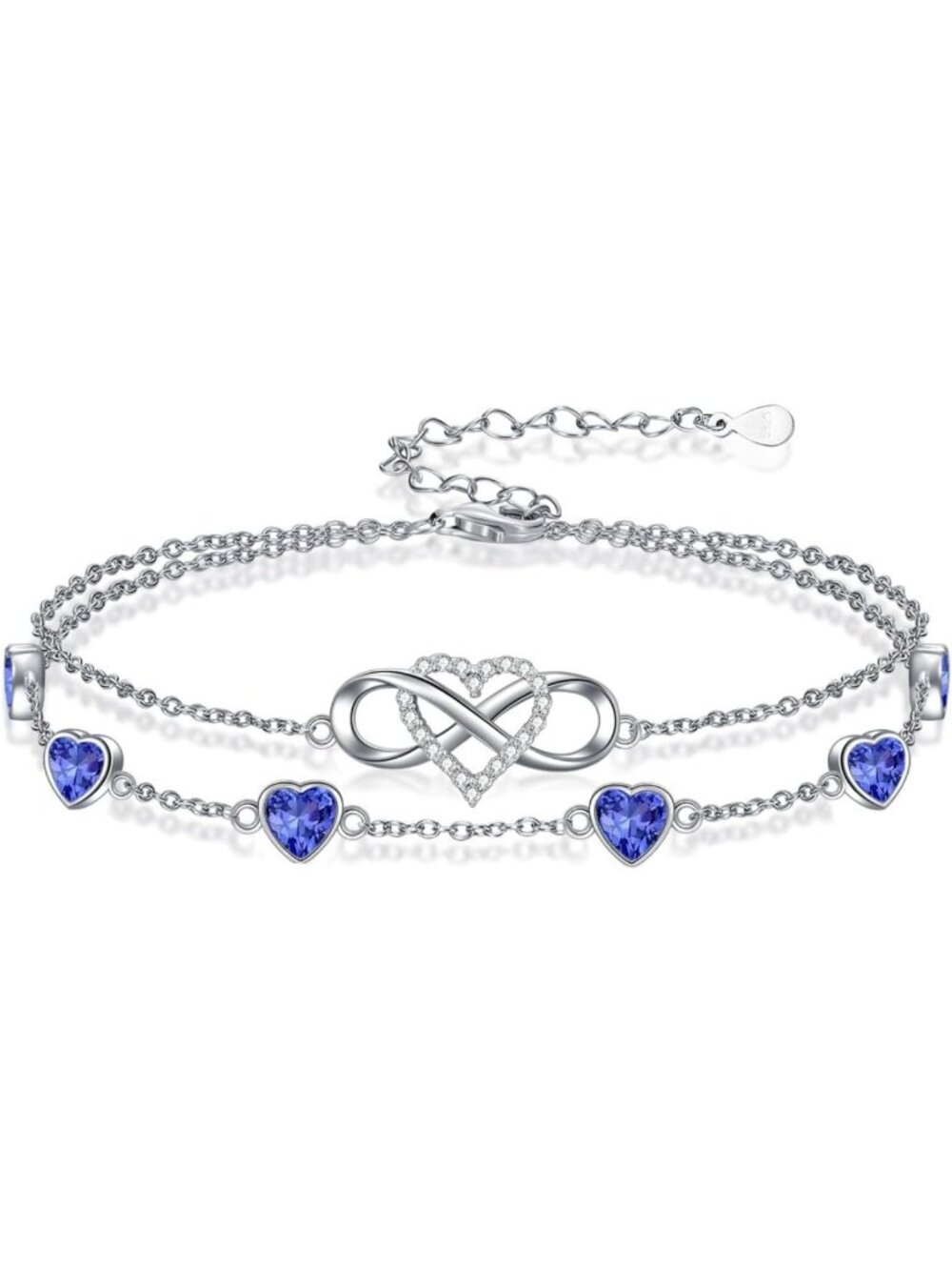 Adjustable Infinity Heart Birthstone Charm Anklet/Bracelet - 925 Sterling Silver
